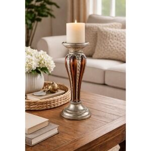 Vintage Silver Plate & Amber Glass Pillar Candle Holder Pair Pedestal